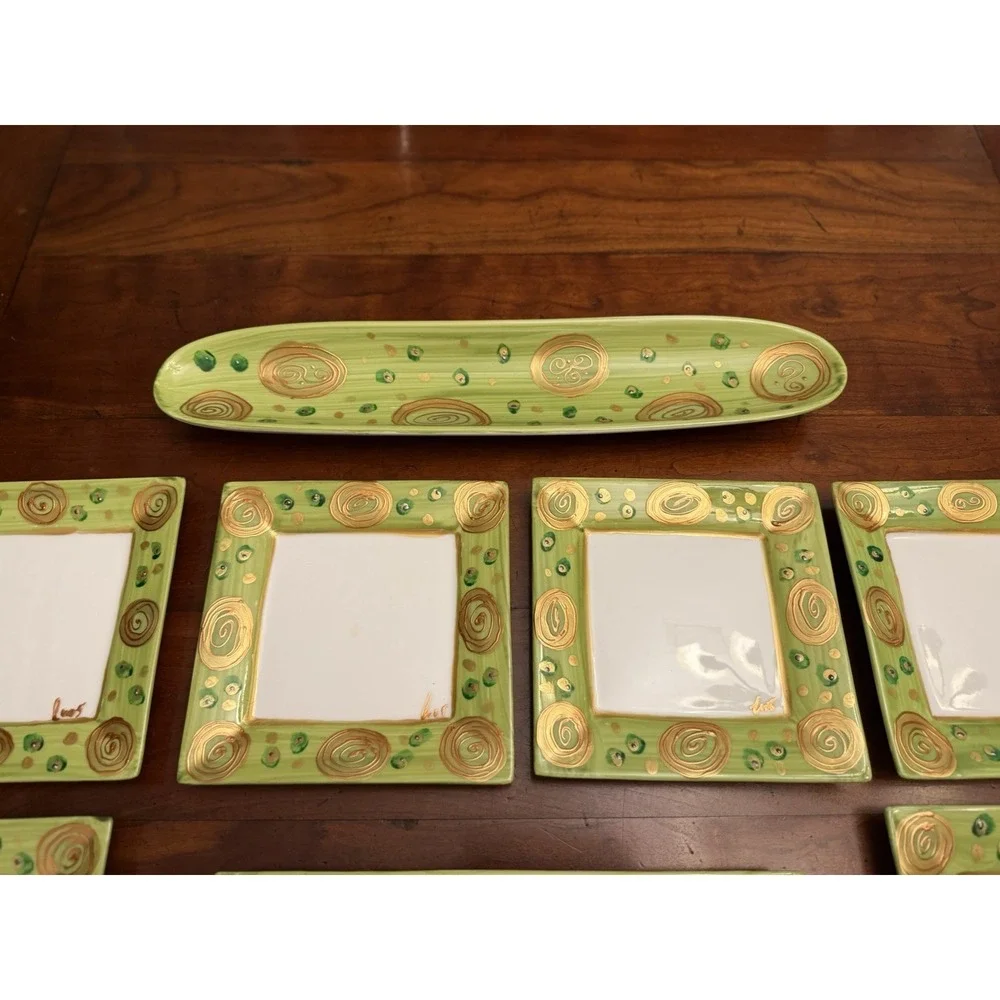 Vintage Mayfair & Jackson 9-Piece Square‎ Plate Set Green Metallic Gold Swirls